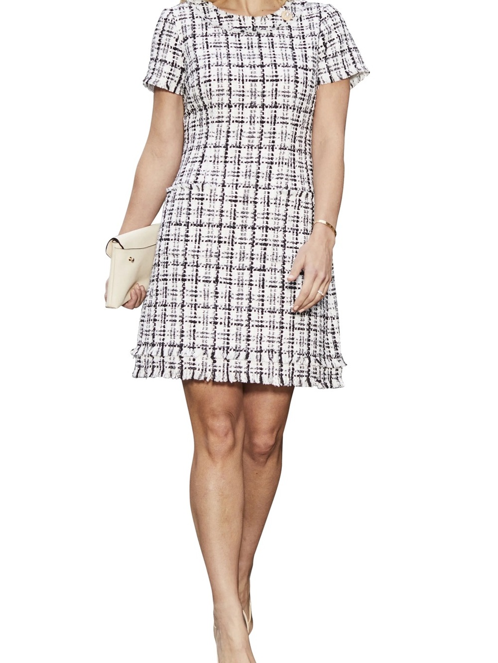 Short-Sleeve Tweed Shift Dress in White and Black Plaid